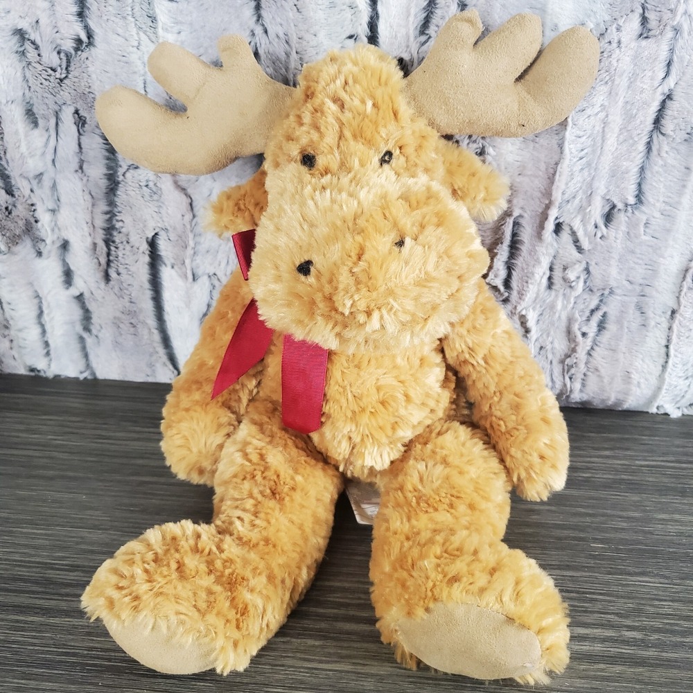 Pier 1 Light Brown Stuffed Moose 15" Plush - Red Neck Bow,‎ Stuffed Antlers